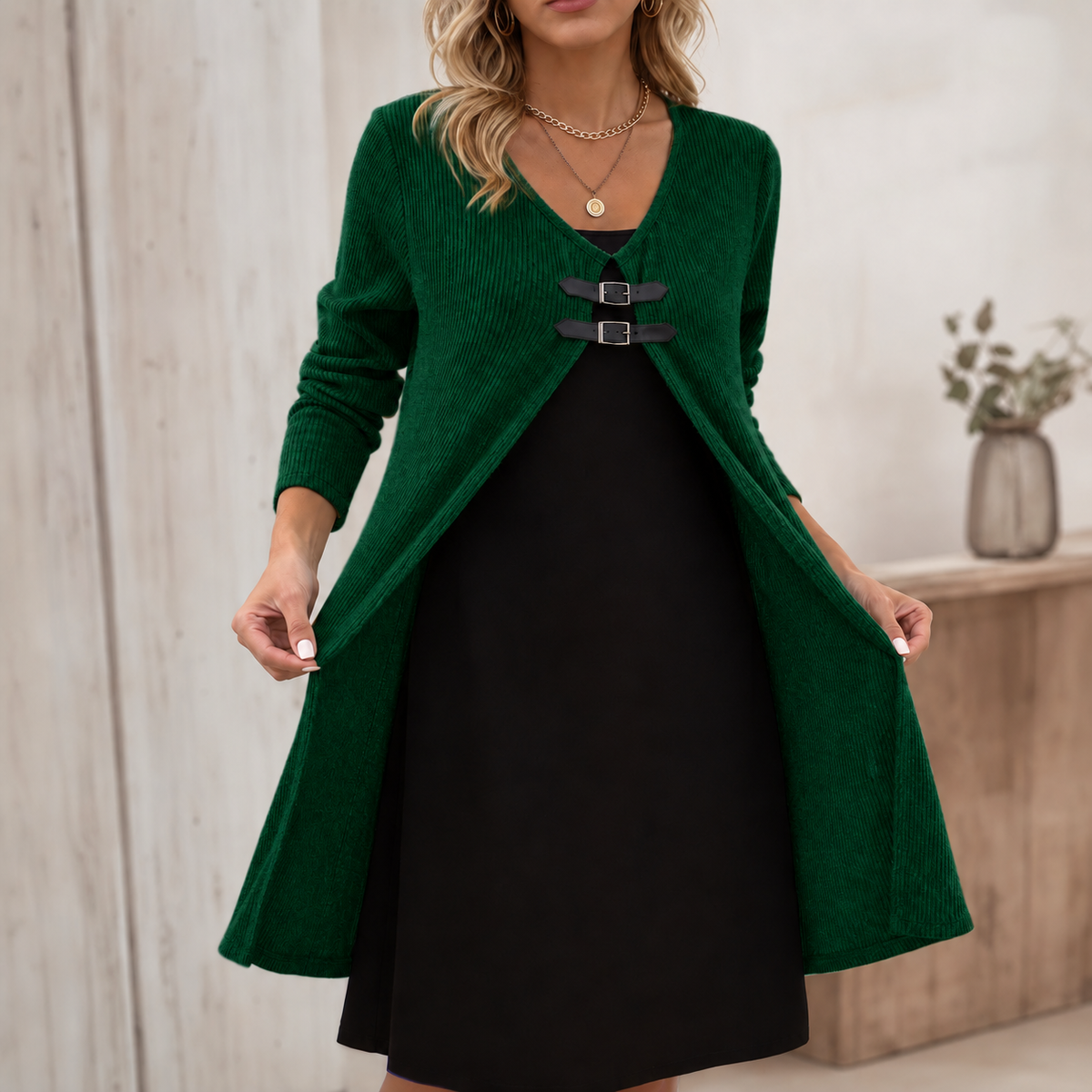 Women's Faux Two-Piece Midi Dress | Buckle Accent & Wrinkle Resistant 1