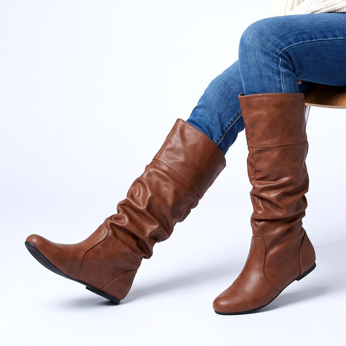 Women's Slouchy Shaft Boots Stacked Heel Round Toe 1