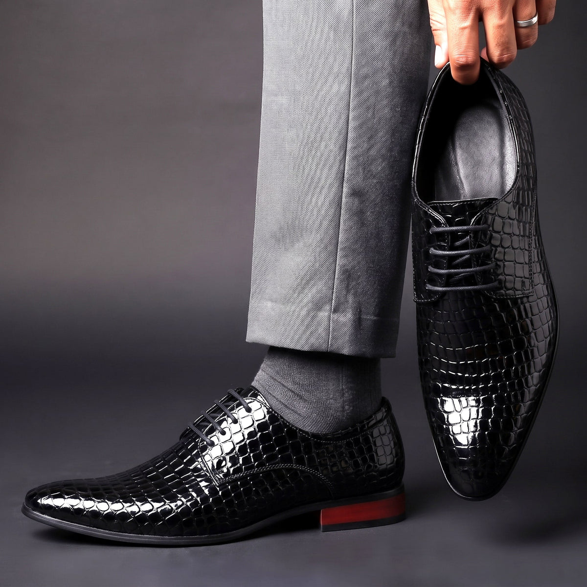 Men's Croc Print Oxfords Pointed Toe Dress Shoes Cushioned Insole 2