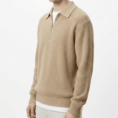 Adrian – Men's Wool Zipped Pullover - Sweater - Khaki - Davies & Cooper