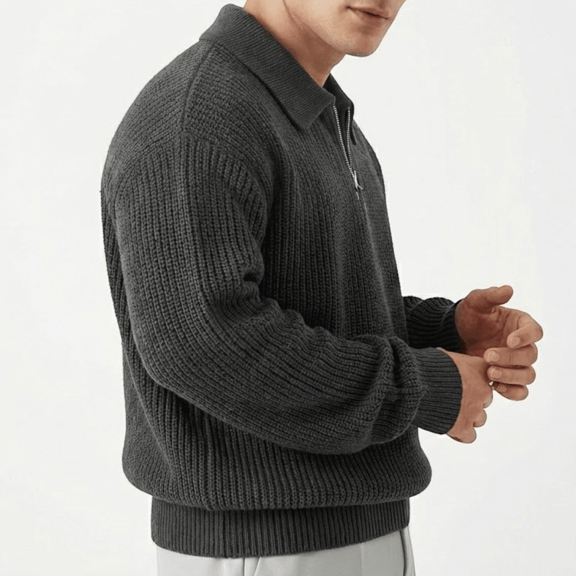Adrian – Men's Wool Zipped Pullover - Sweater - Black - Davies & Cooper
