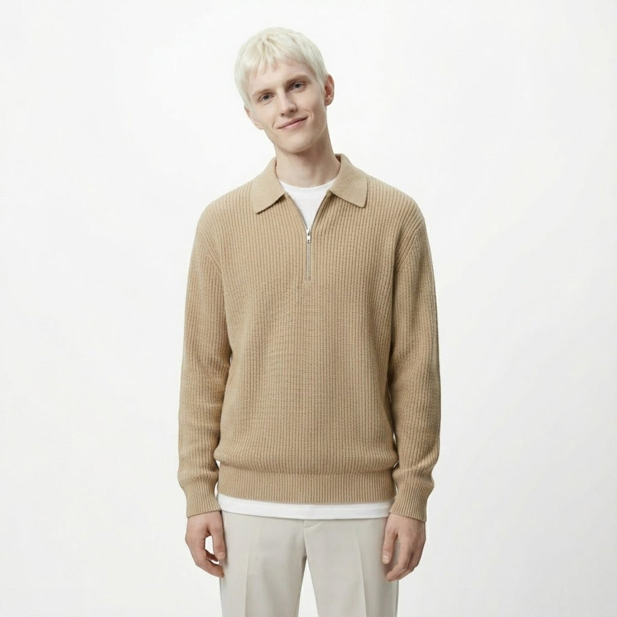 Adrian – Men's Wool Zipped Pullover - Sweater - Khaki - Davies & Cooper