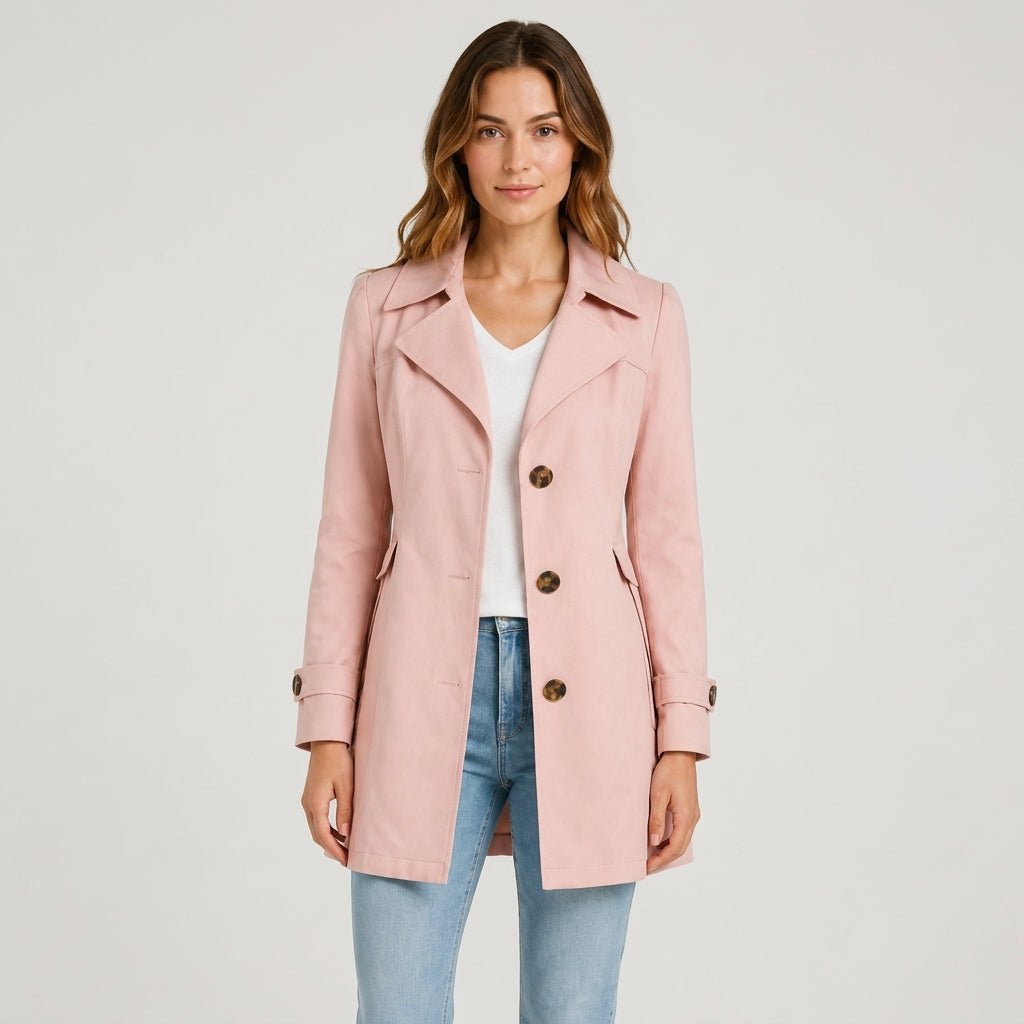 Amelia - Women's Belted Notch Lapel Trench Coat with Button Cuffs - Trench Coats - Pink - Davies & Cooper