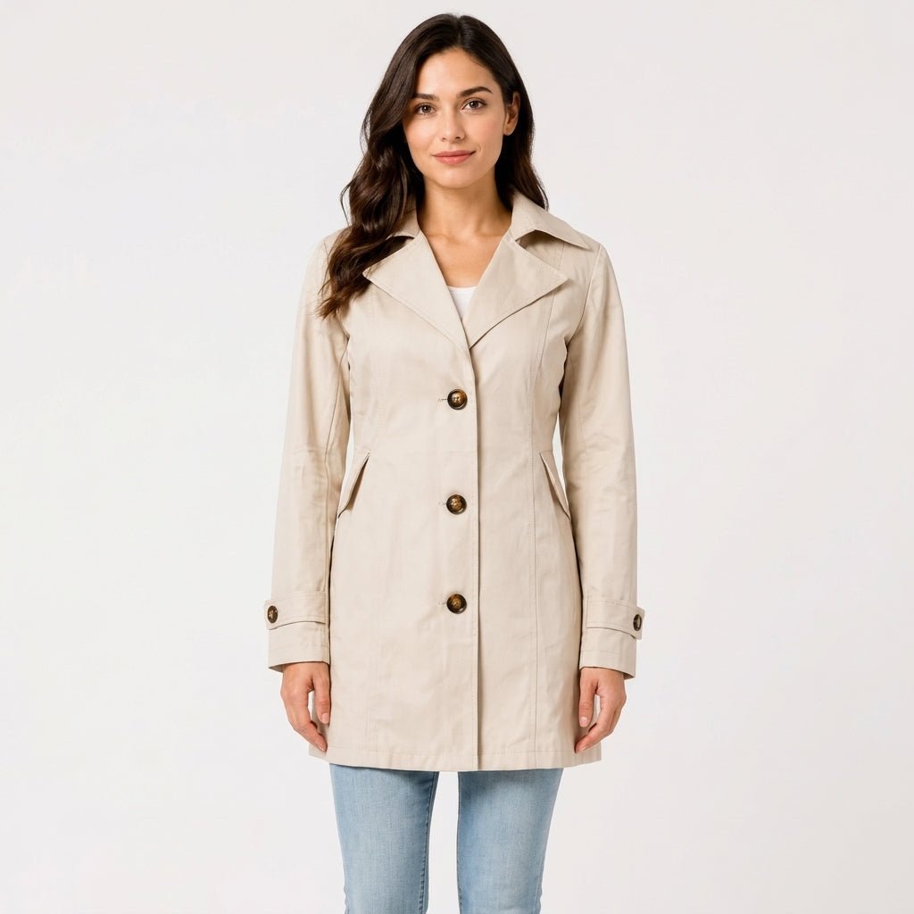 Amelia - Women's Belted Notch Lapel Trench Coat with Button Cuffs - Trench Coats - Beige - Davies & Cooper