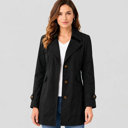 Amelia - Women's Belted Notch Lapel Trench Coat with Button Cuffs - Trench Coats - Black - Davies & Cooper