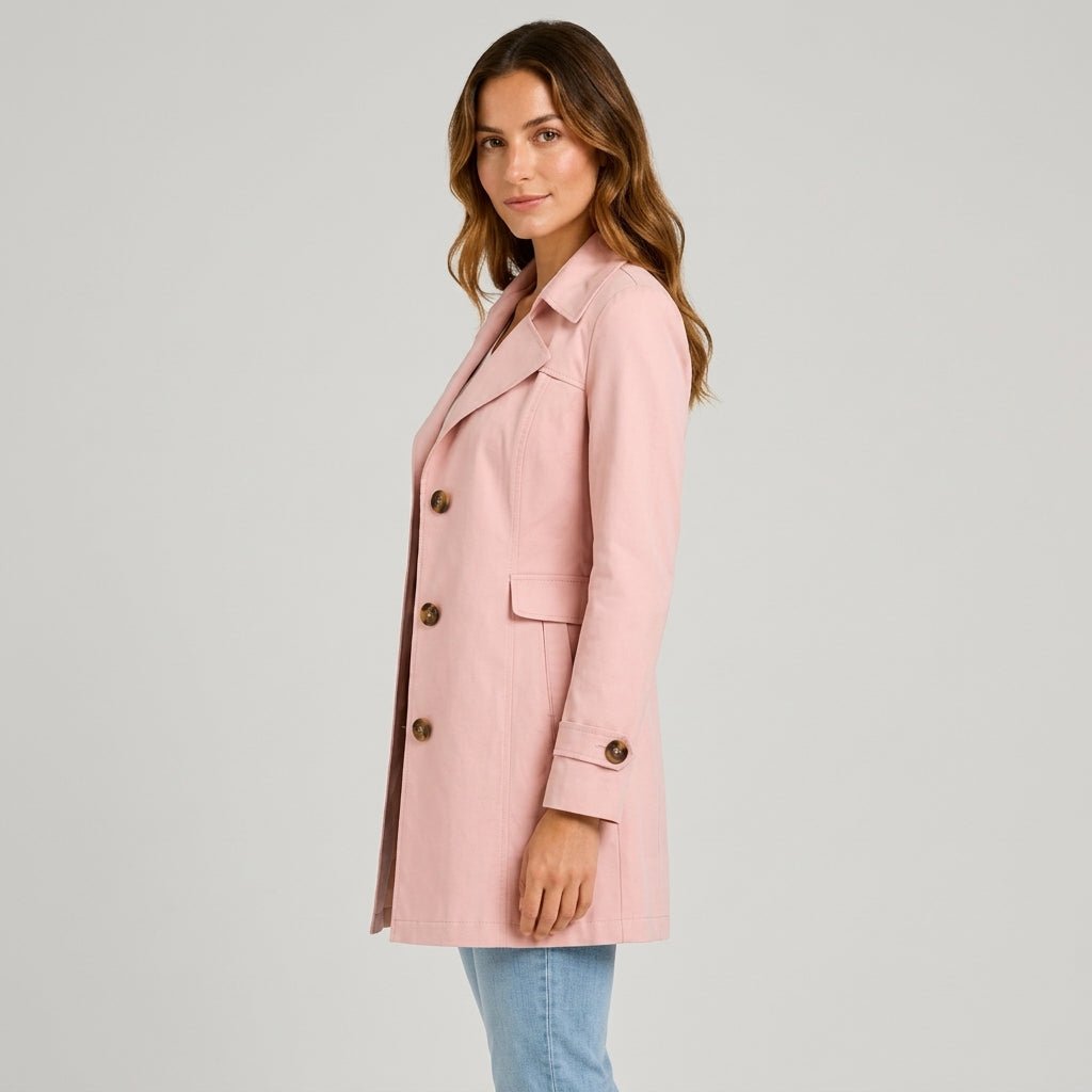 Amelia - Women's Belted Notch Lapel Trench Coat with Button Cuffs - Trench Coats - Pink - Davies & Cooper