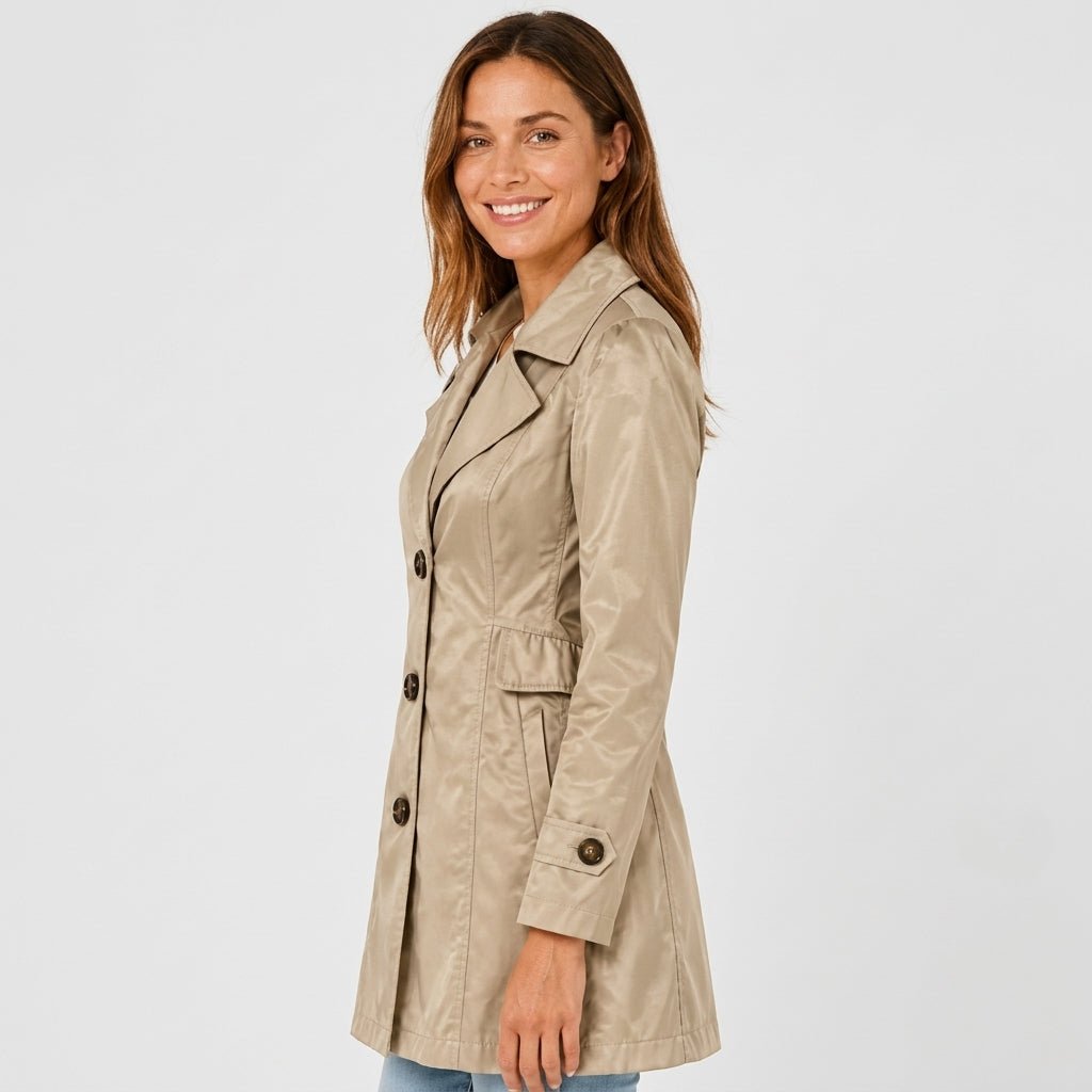 Amelia - Women's Belted Notch Lapel Trench Coat with Button Cuffs - Trench Coats - Khaki - Davies & Cooper