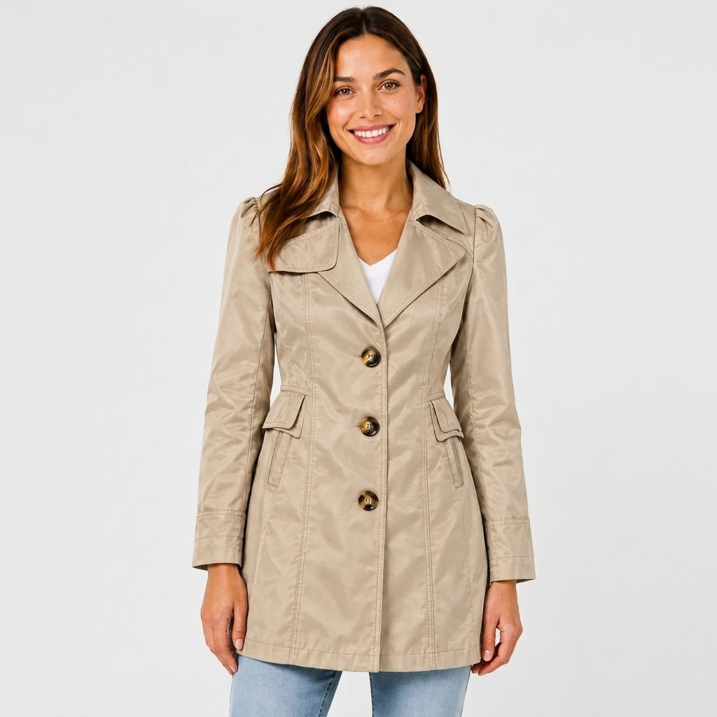 Amelia - Women's Belted Notch Lapel Trench Coat with Button Cuffs - Trench Coats - Khaki - Davies & Cooper