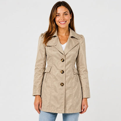 Amelia - Women's Belted Notch Lapel Trench Coat with Button Cuffs - Trench Coats - Khaki - Davies & Cooper