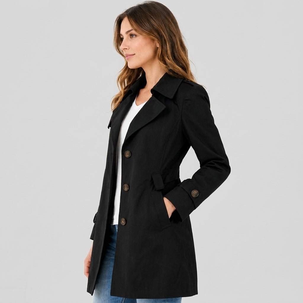 Amelia - Women's Belted Notch Lapel Trench Coat with Button Cuffs - Trench Coats - Black - Davies & Cooper