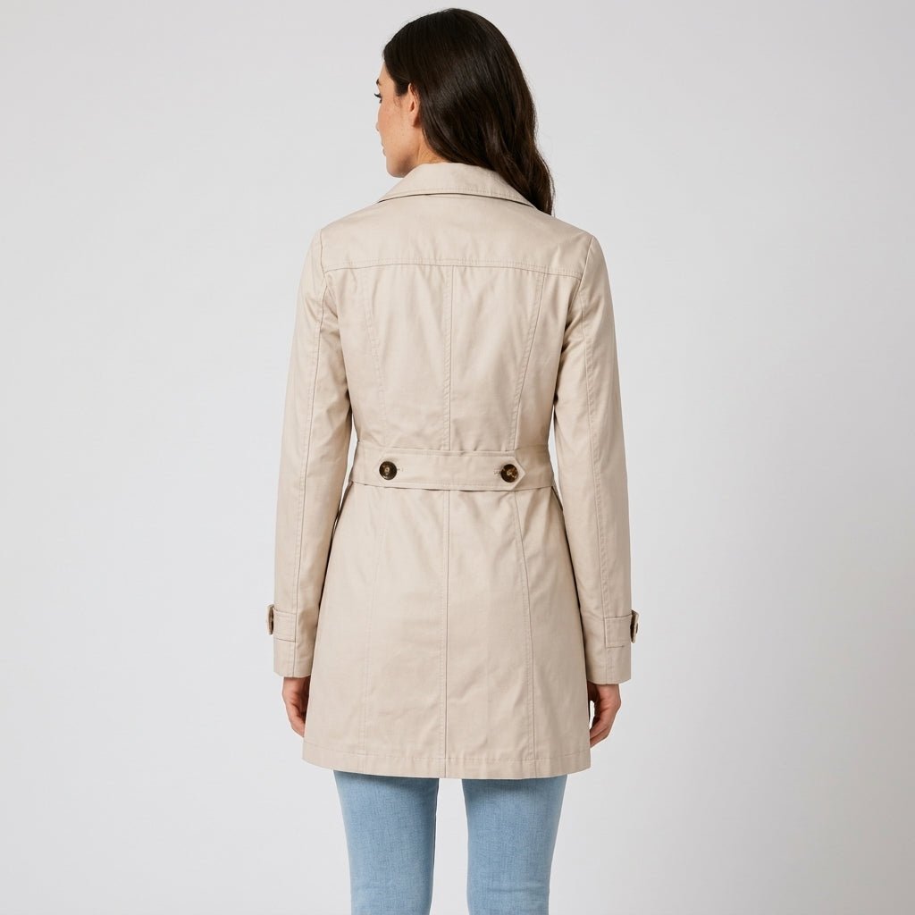 Amelia - Women's Belted Notch Lapel Trench Coat with Button Cuffs - Trench Coats - Beige - Davies & Cooper