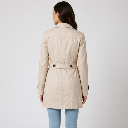 Amelia - Women's Belted Notch Lapel Trench Coat with Button Cuffs - Trench Coats - Beige - Davies & Cooper