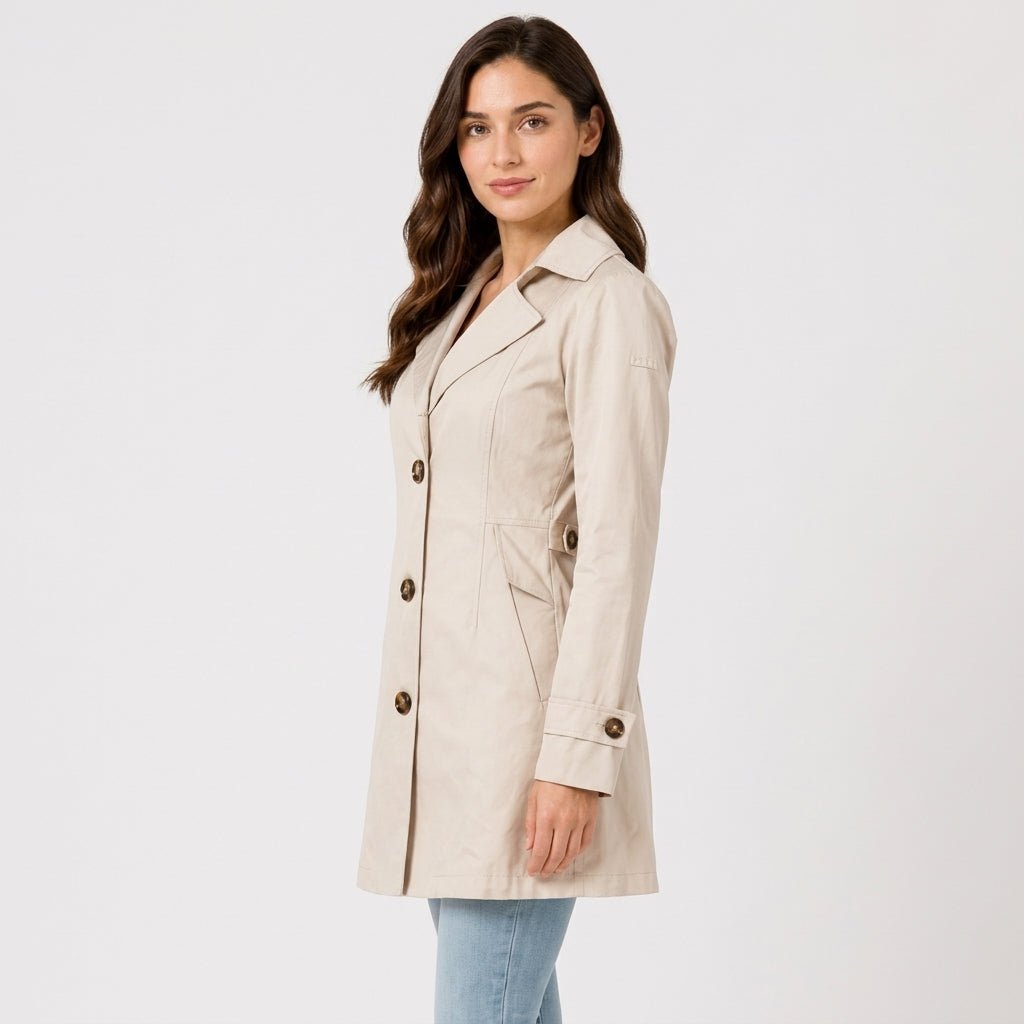 Amelia - Women's Belted Notch Lapel Trench Coat with Button Cuffs - Trench Coats - Beige - Davies & Cooper