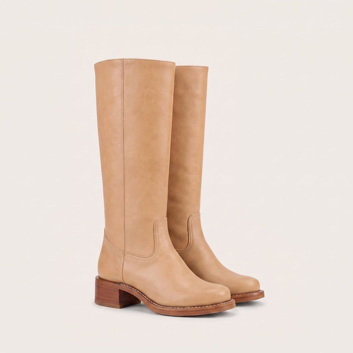 Amelia - Women's Knee-High Boots with Block Heel - Boots - Beige - Davies & Cooper