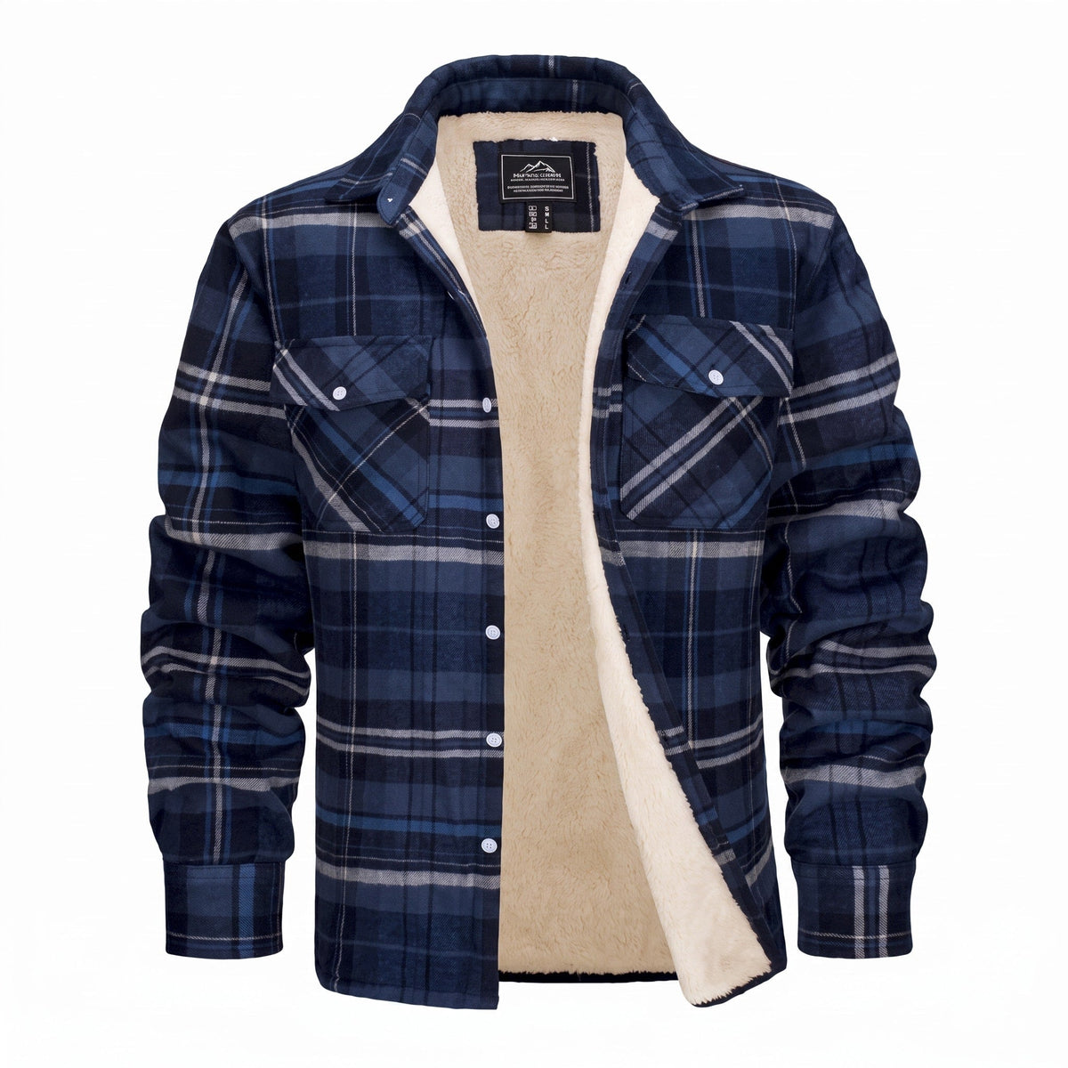 Callum - Men's Fleece-Lined Checked Flannel Overshirt Jacket - Coats & Jackets - Navy Blue - Davies & Cooper
