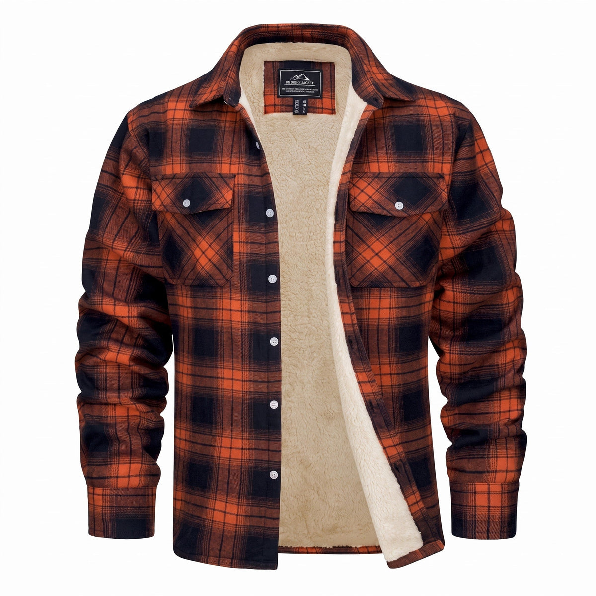 Callum - Men's Fleece-Lined Checked Flannel Overshirt Jacket - Coats & Jackets - Orange - Davies & Cooper