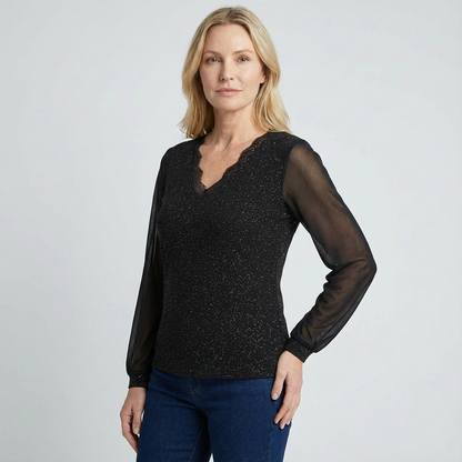 Women's V Neck Blouse Long Sleeve Shimmer Top Regular Fit 4