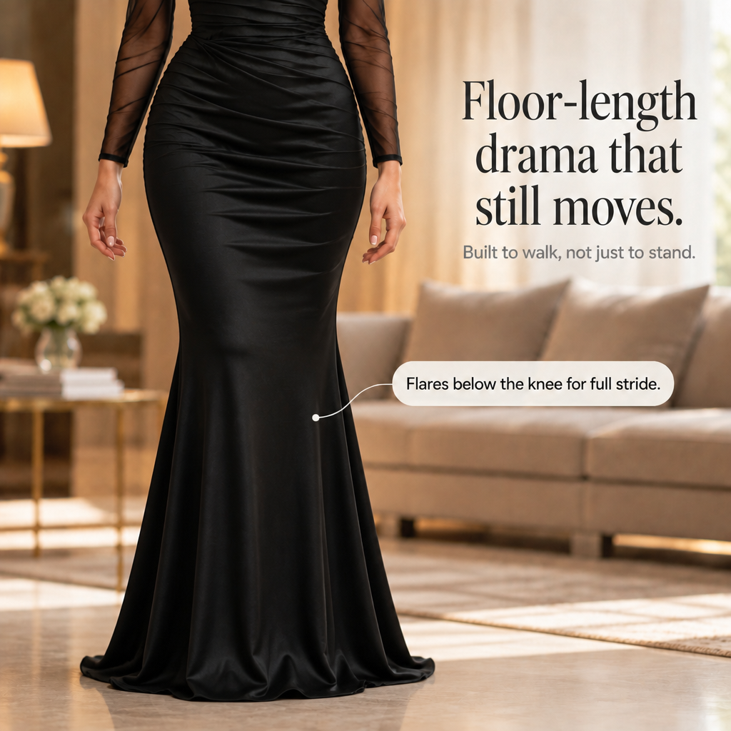 Women's Mermaid Evening Gown | Cold-Shoulder & Sheer Sleeves 7