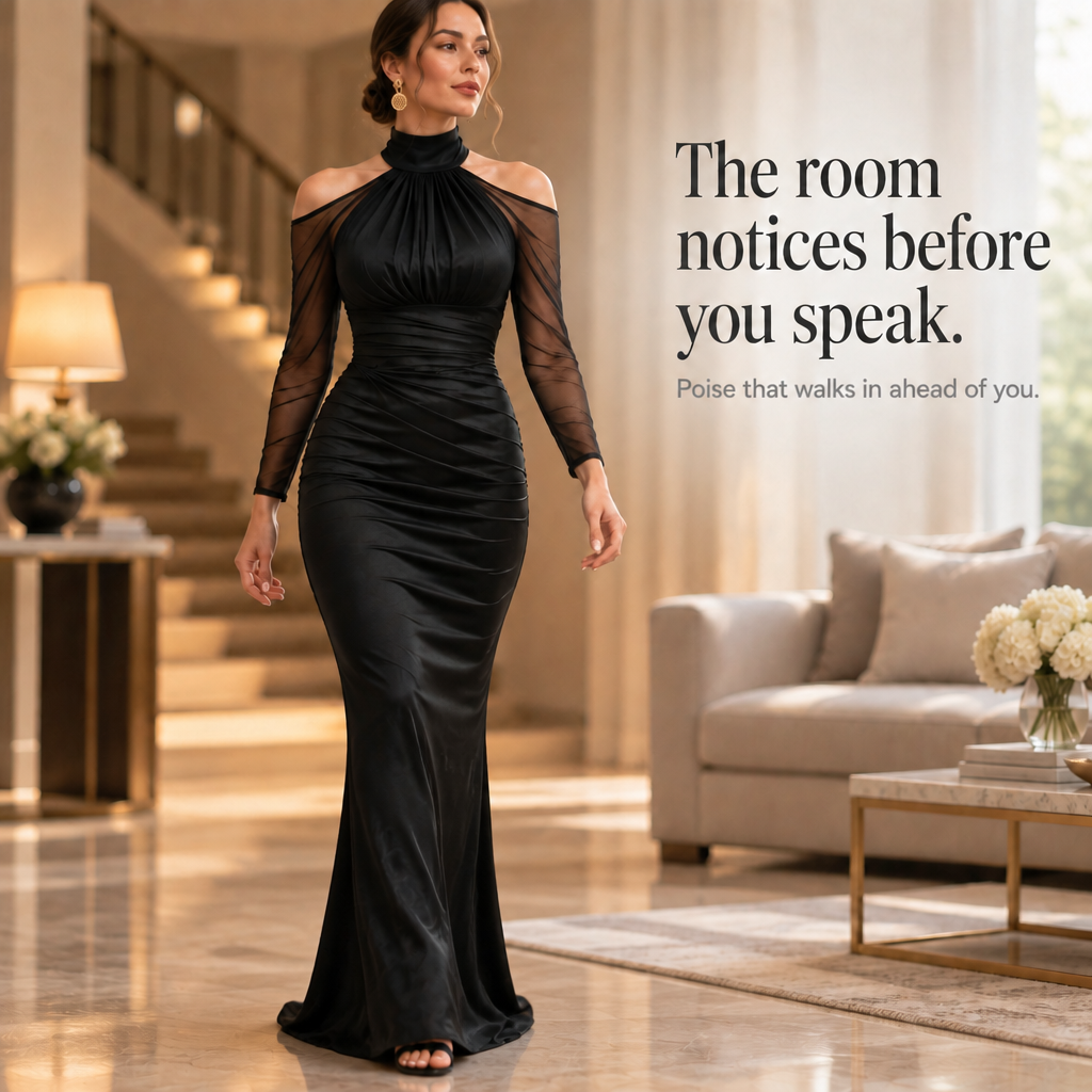 Women's Mermaid Evening Gown | Cold-Shoulder & Sheer Sleeves 8