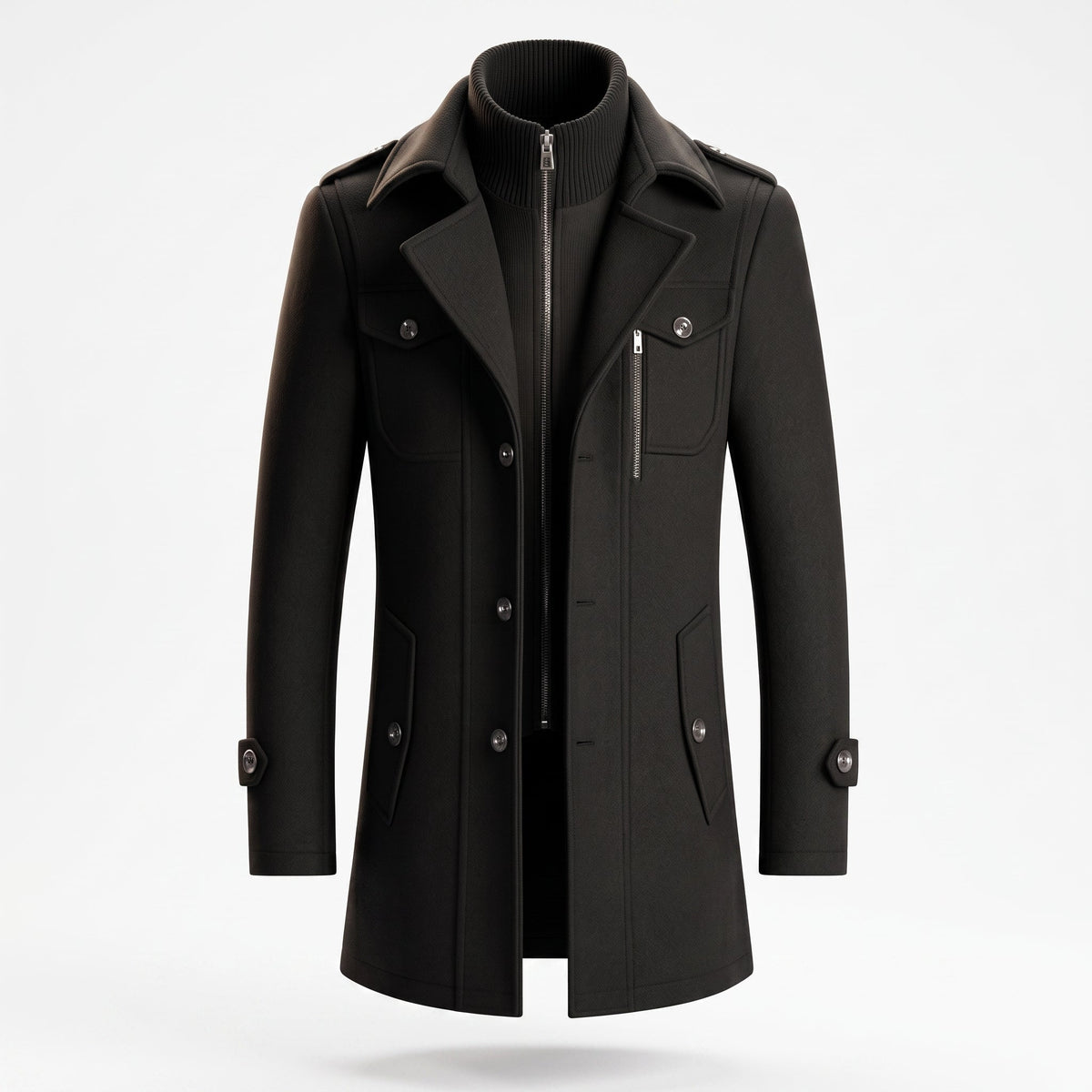 Charlie - Men's Longline Wool-Look Trench Coat with Zip Collar - Overcoats - Black - Davies & Cooper