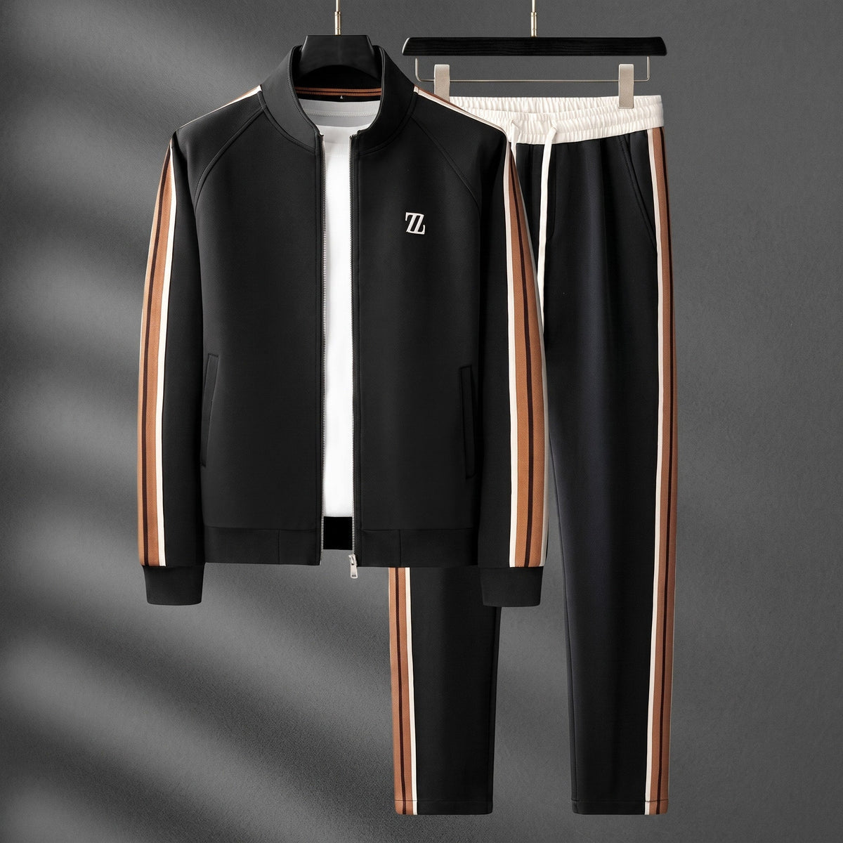 Charlie - Men's Zip-Up Tracksuit Set with Striped Panel Detail - Outfit Sets - Black - Davies & Cooper