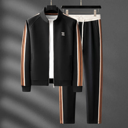 Charlie - Men's Zip-Up Tracksuit Set with Striped Panel Detail - Outfit Sets - Black - Davies & Cooper