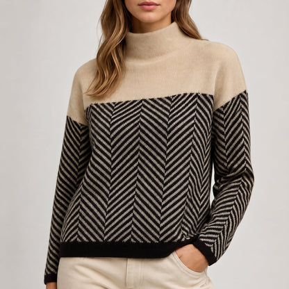Charlotte - Women's Chevron Turtleneck Jumper with Colour-Block Design - Sweaters - Beige - Davies & Cooper