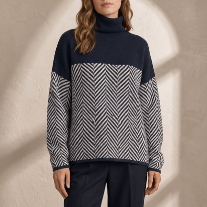 Charlotte - Women's Chevron Turtleneck Jumper with Colour-Block Design - Sweaters - Navy Blue - Davies & Cooper