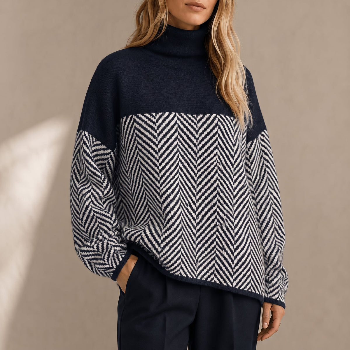 Charlotte - Women's Chevron Turtleneck Jumper with Colour-Block Design - Sweaters - Navy Blue - Davies & Cooper