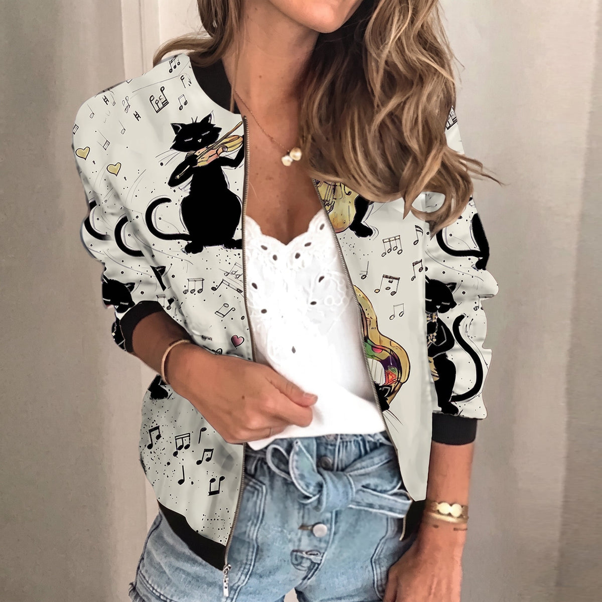 Charlotte - Women's Cropped Lightweight Printed Jacket - Jackets - Grey - Davies & Cooper