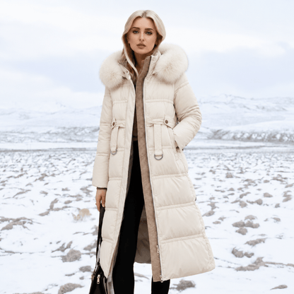 Charlotte - Women's Longline Belted Parka with Faux Fur Hood - Parkas - Beige - Davies & Cooper