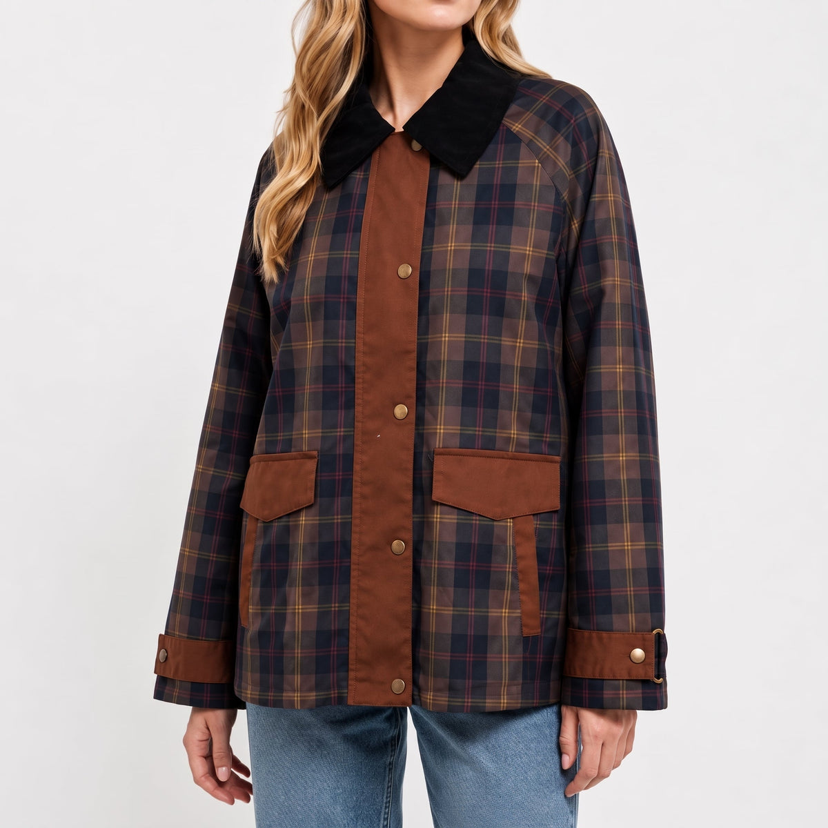Charlotte - Women's Plaid Transitional Jacket with Contrast Collar Trim - Wrap Coat - Brown - Davies & Cooper