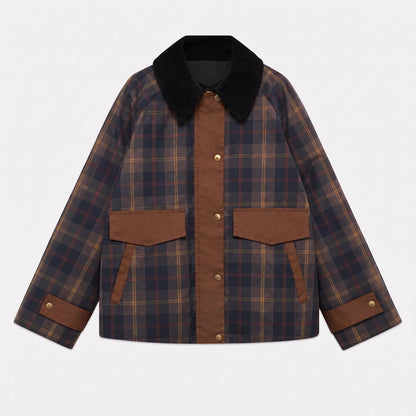 Charlotte - Women's Plaid Transitional Jacket with Contrast Collar Trim - Wrap Coat - Brown - Davies & Cooper