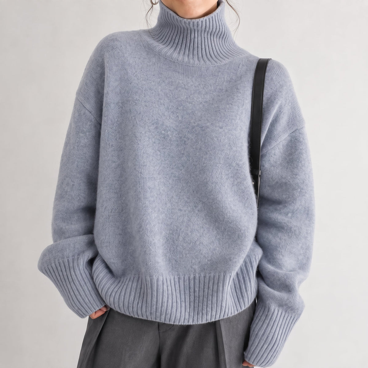 Chloe - Women's Oversized Turtleneck Knit Jumper with Ribbed Cuffs - Sweaters - Grey - Davies & Cooper