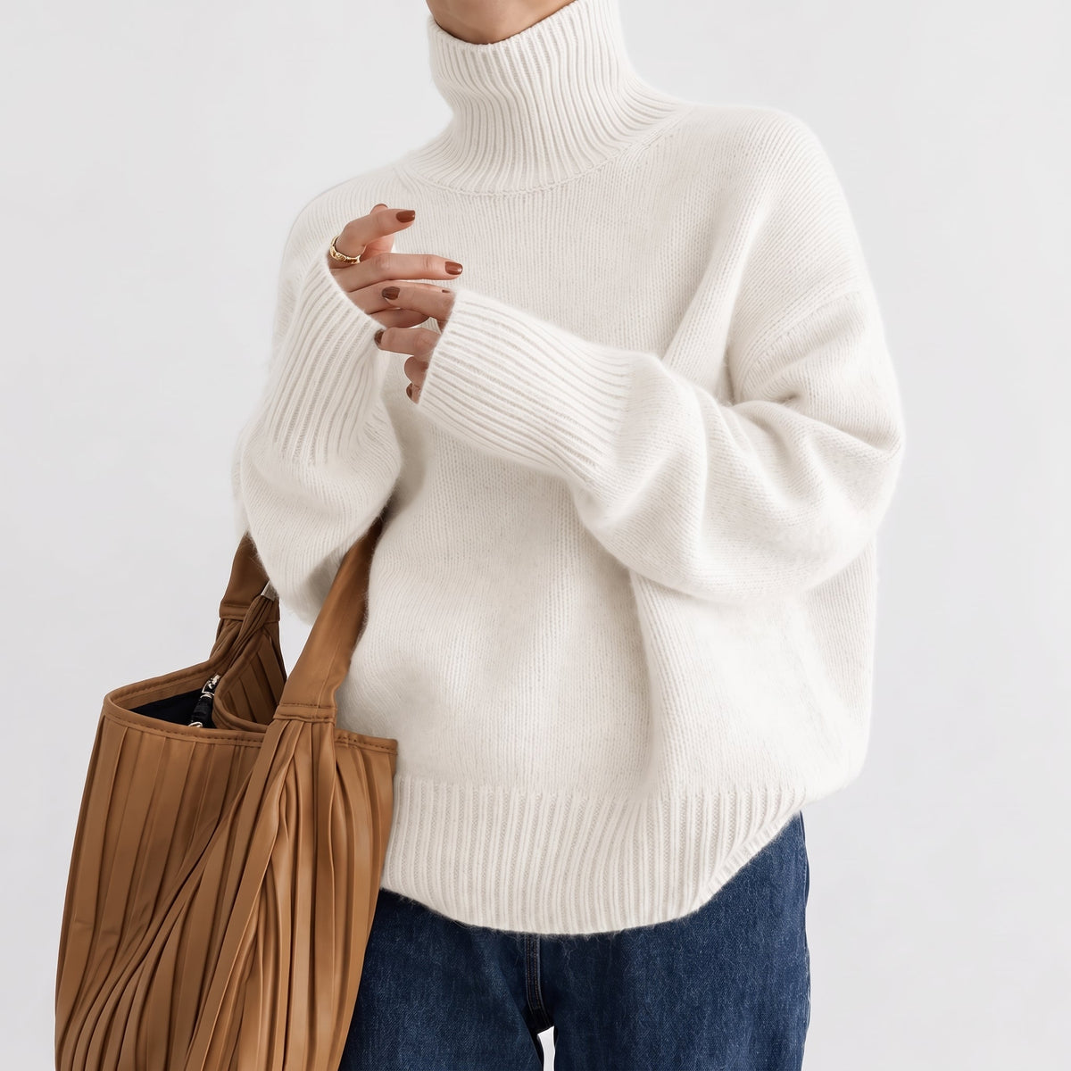 Chloe - Women's Oversized Turtleneck Knit Jumper with Ribbed Cuffs - Sweaters - Beige - Davies & Cooper