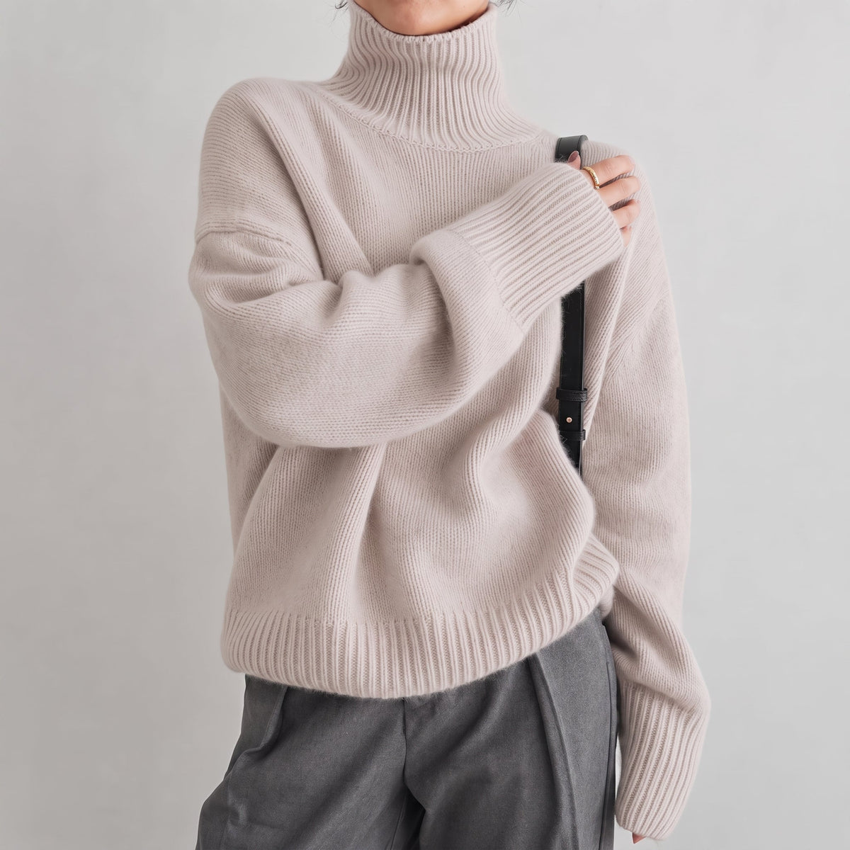 Chloe - Women's Oversized Turtleneck Knit Jumper with Ribbed Cuffs - Sweaters - Khaki - Davies & Cooper