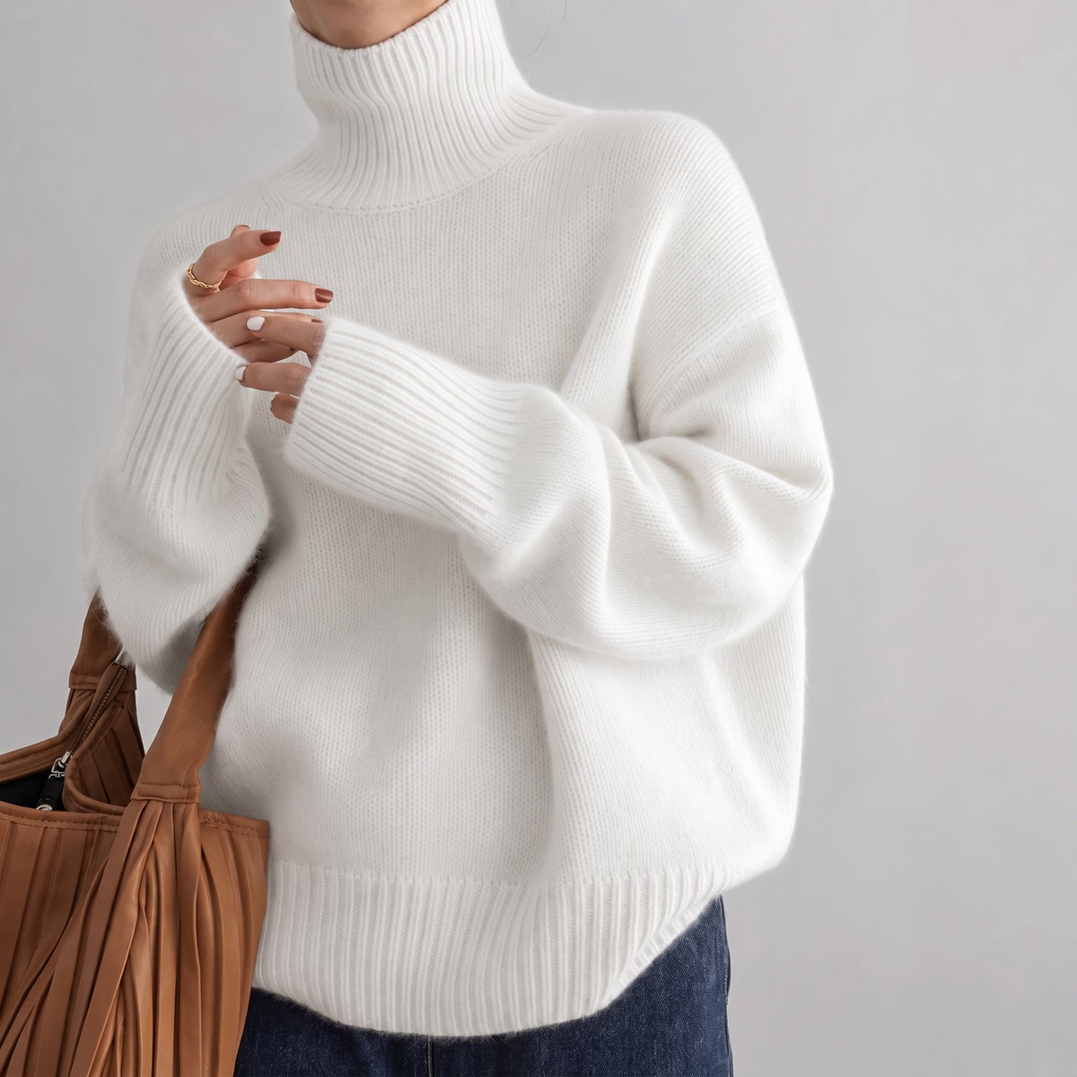 Chloe - Women's Oversized Turtleneck Knit Jumper with Ribbed Cuffs - Sweaters - Cream - Davies & Cooper