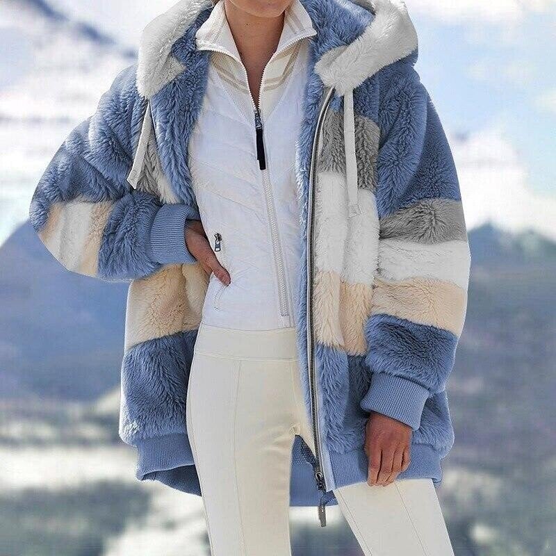 Christa – Oversized Hooded Jacket with Colour Block Design - Coats & Jackets - Blue - Davies & Cooper