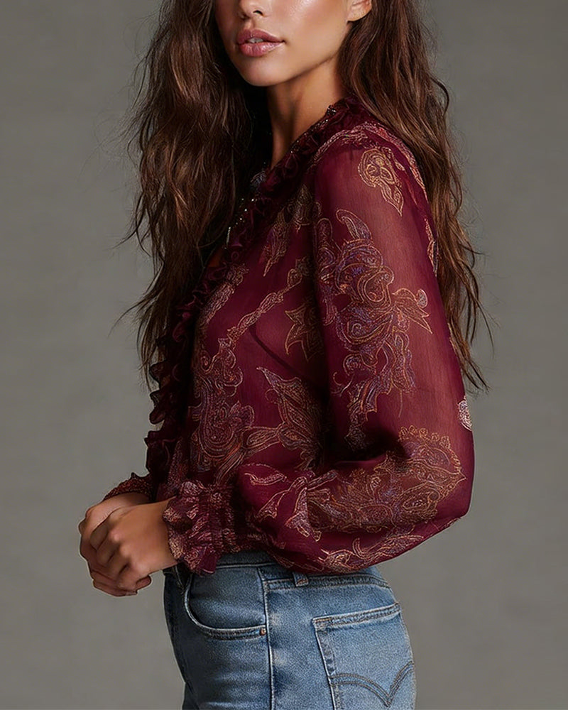 Women's Ruffle Sleeve Blouse | V-Neck & Zip Detail 6
