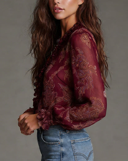 Women's Ruffle Sleeve Blouse | V-Neck & Zip Detail 6
