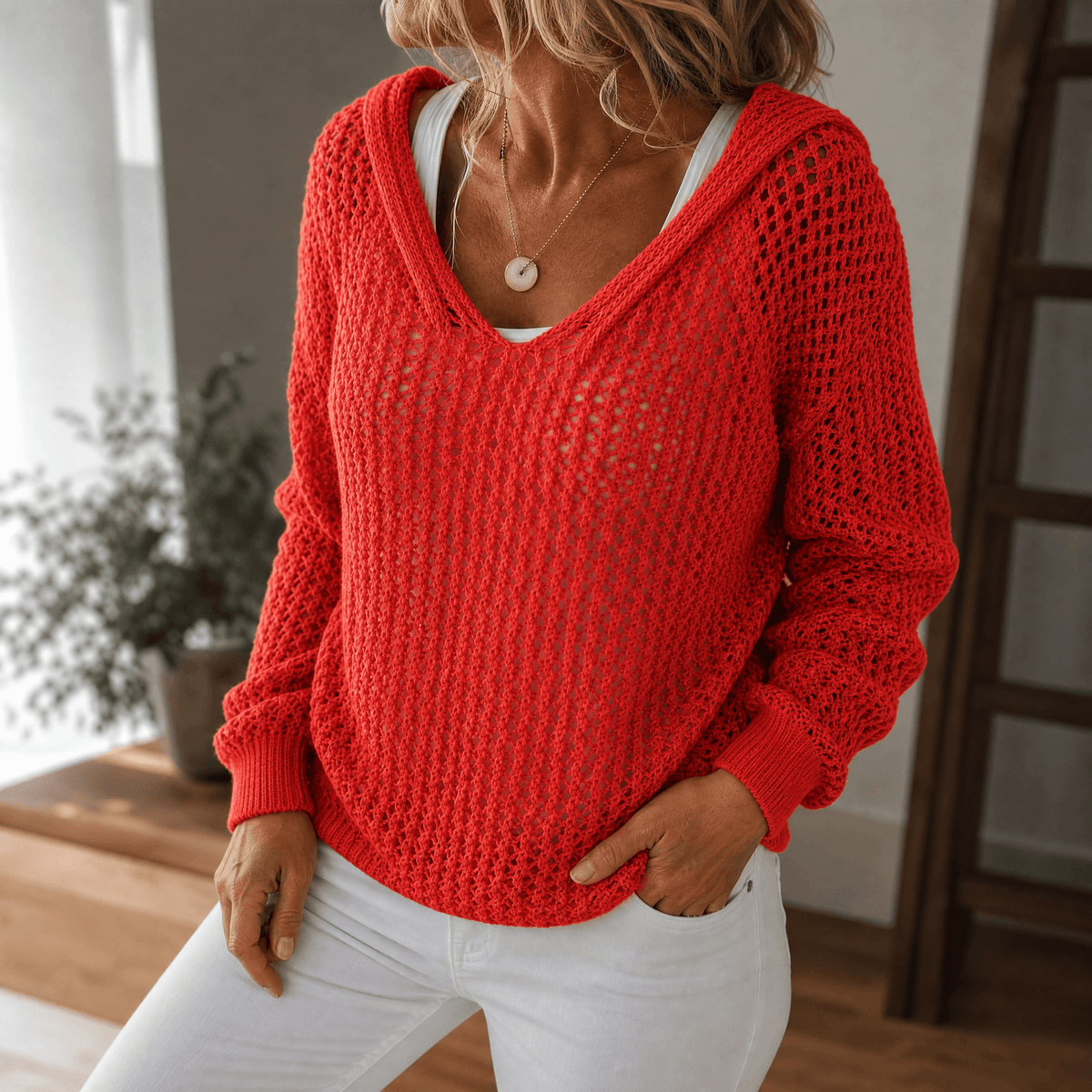 Women's Hooded Knit Pullover | Open-Weave & Relaxed Fit 14