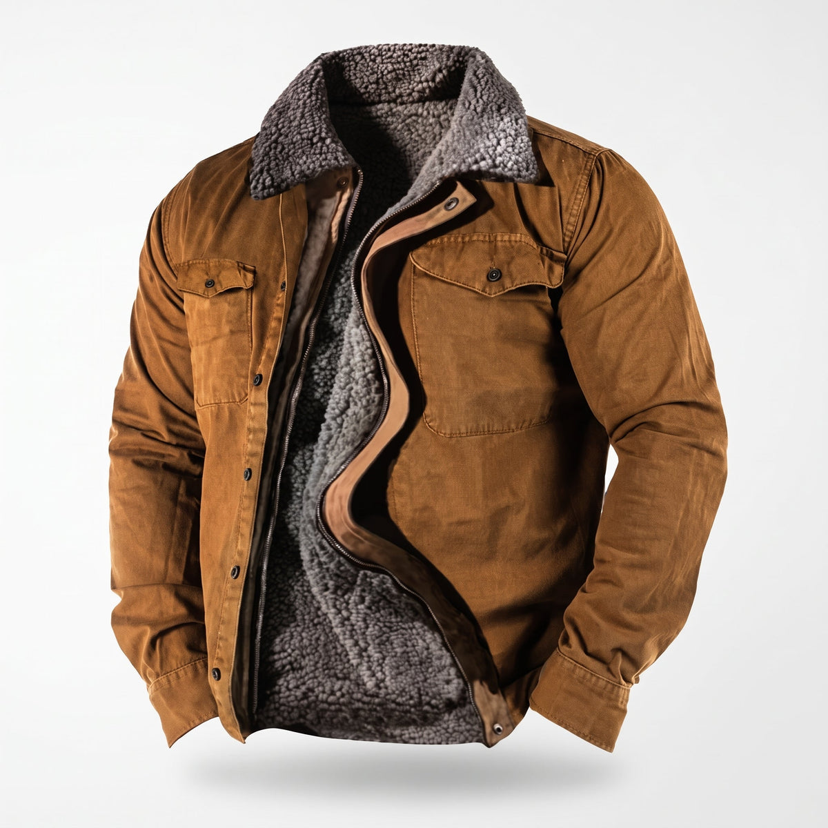 Edward - Men's Fleece-Lined Winter Shacket with Shearling Collar and Flap Pockets - Coats & Jackets - Brown - Davies & Cooper