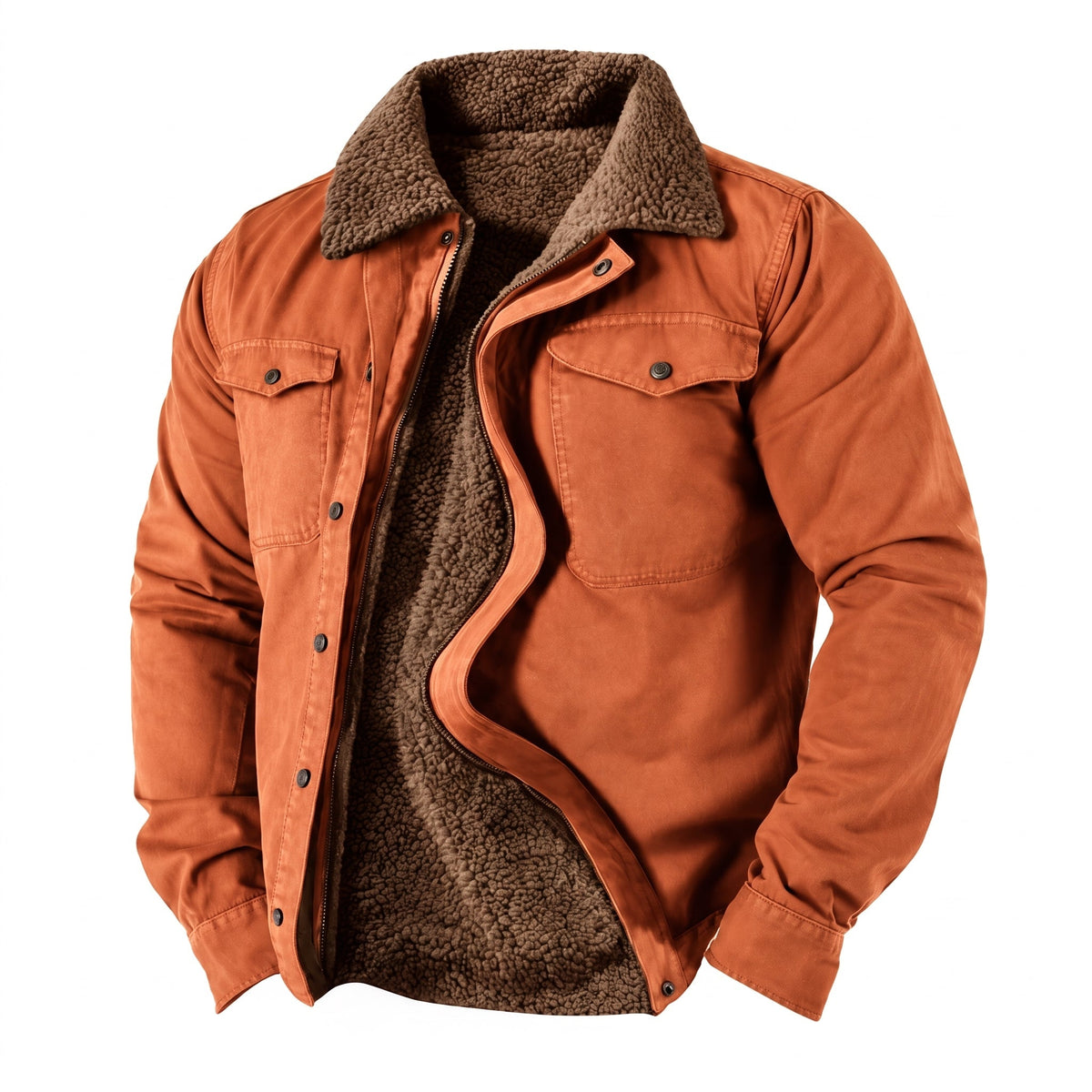 Edward - Men's Fleece-Lined Winter Shacket with Shearling Collar and Flap Pockets - Coats & Jackets - Orange - Davies & Cooper