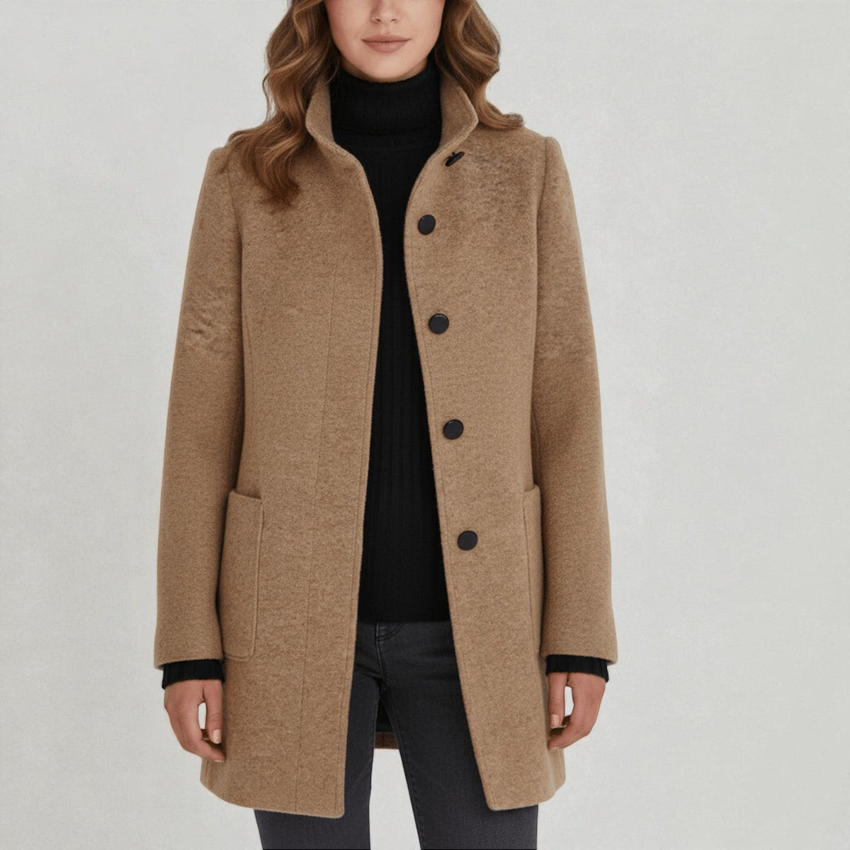 Elara – Women's Coat with Stand-Up Collar and Pockets - Coats - Khaki - Davies & Cooper
