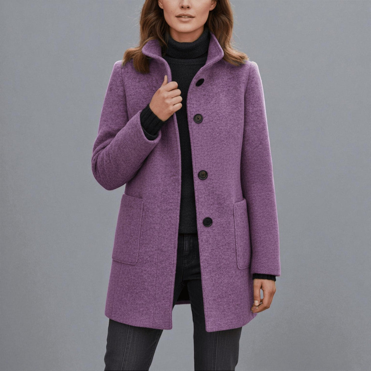 Elara – Women's Coat with Stand-Up Collar and Pockets - Coats - Purple - Davies & Cooper