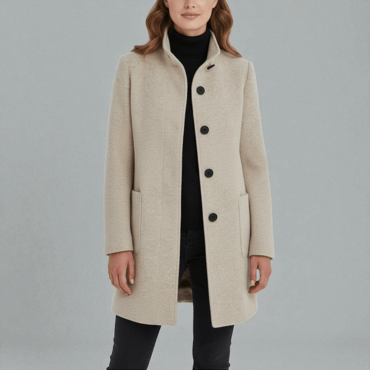 Elara – Women's Coat with Stand-Up Collar and Pockets - Coats - Beige - Davies & Cooper