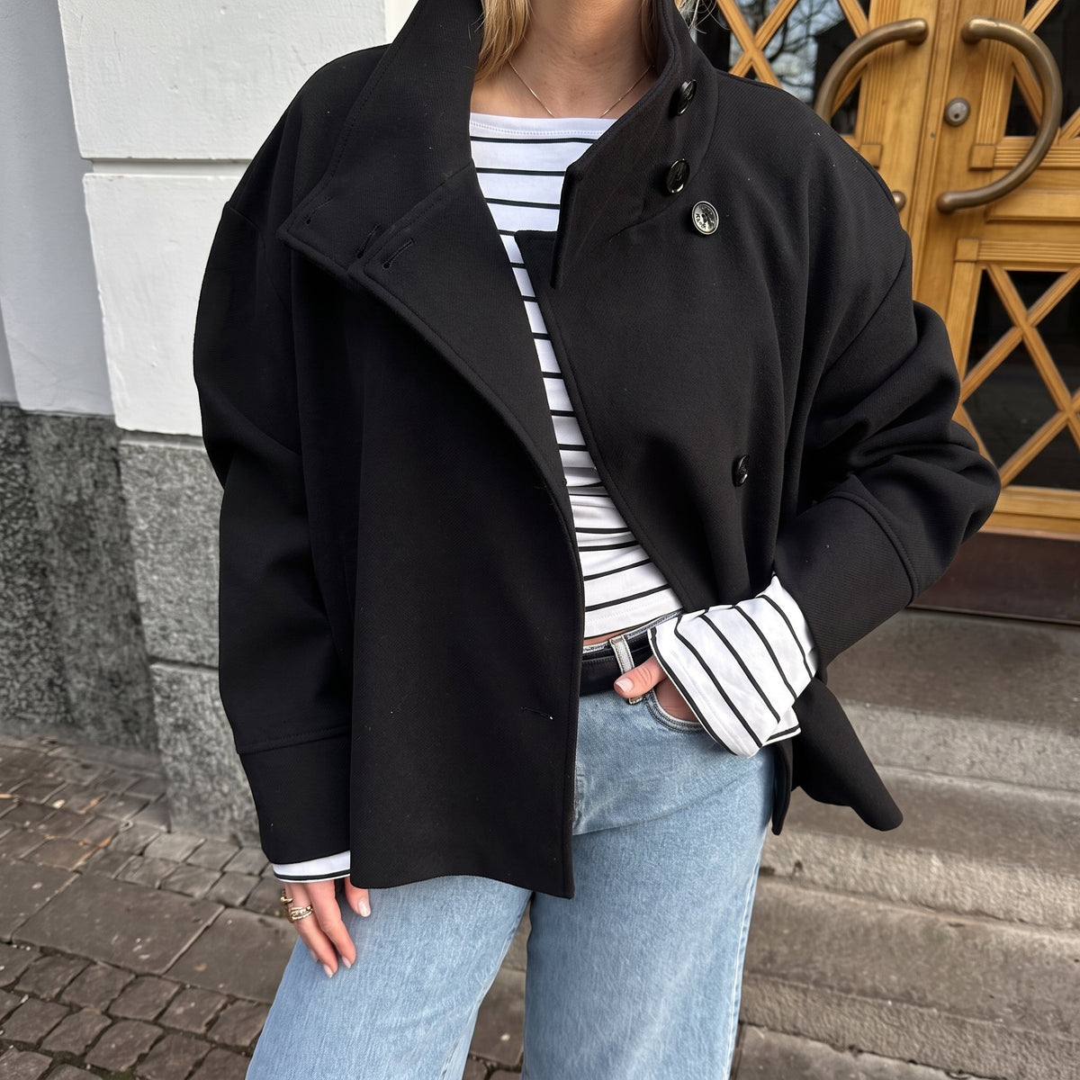 Elise - Women's Double-Breasted Cropped Jacket with Stand Collar - Coats & Jackets - Black - Davies & Cooper