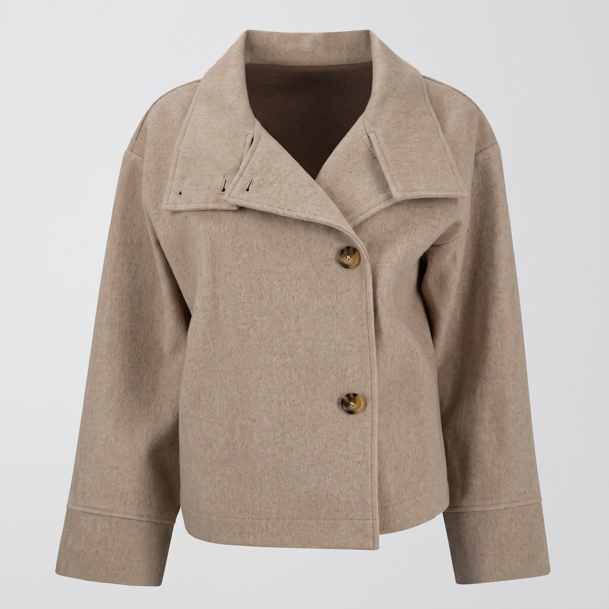 Elise - Women's Double-Breasted Cropped Jacket with Stand Collar - Coats & Jackets - Beige - Davies & Cooper