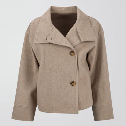 Elise - Women's Double-Breasted Cropped Jacket with Stand Collar - Coats & Jackets - Beige - Davies & Cooper