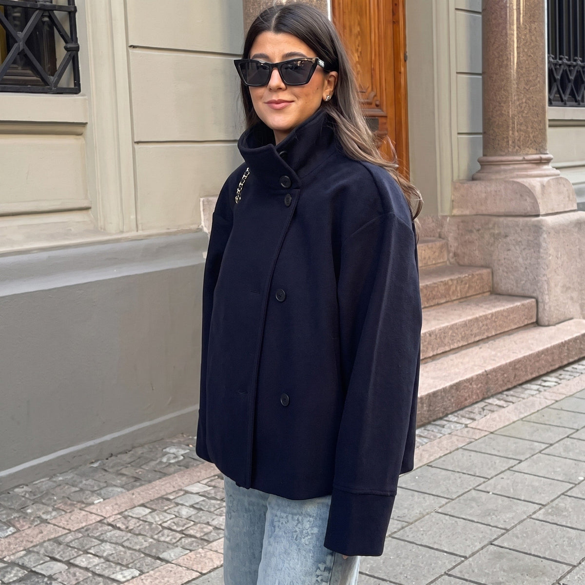 Elise - Women's Double-Breasted Cropped Jacket with Stand Collar - Coats & Jackets - Navy Blue - Davies & Cooper